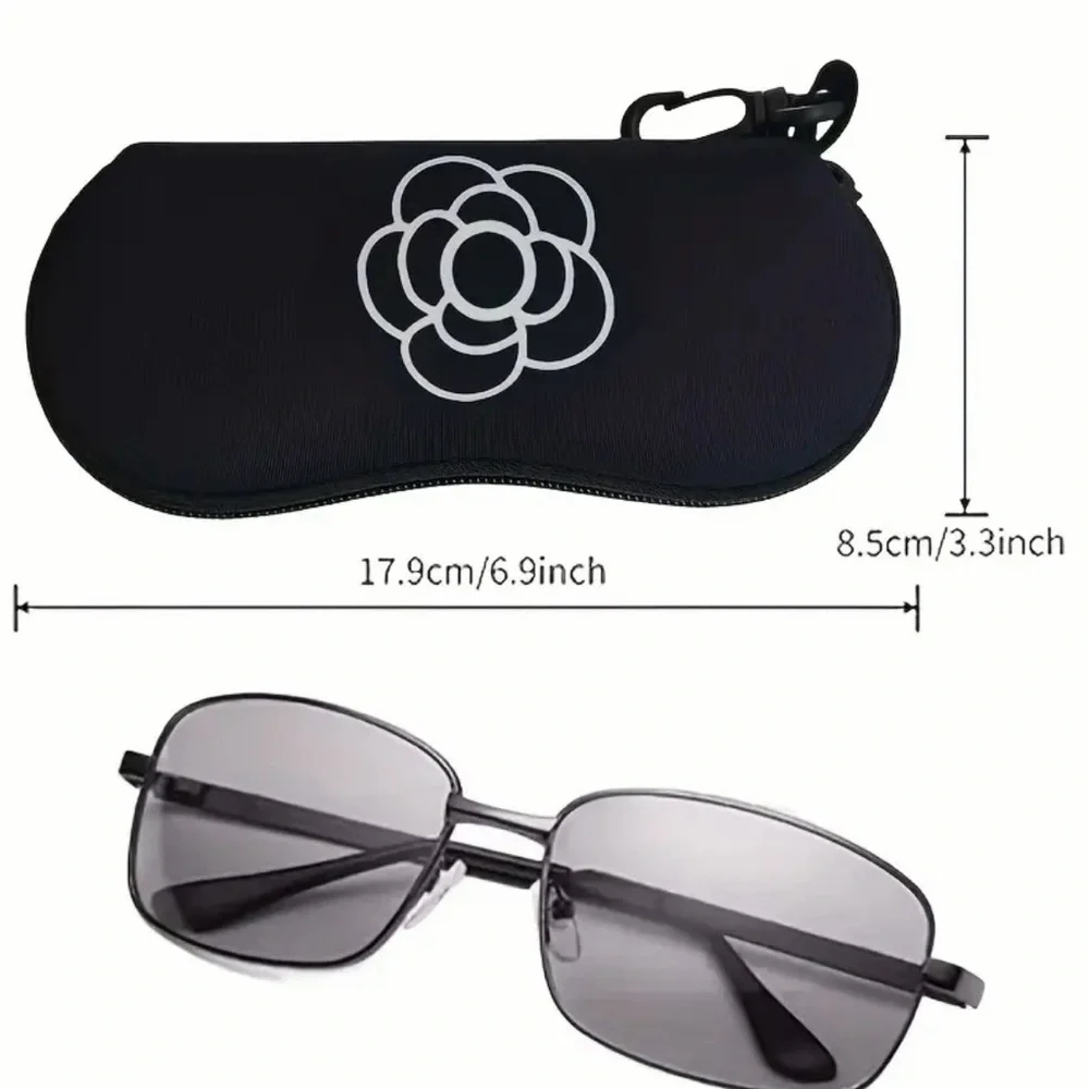 Elegant Black Glasses Case with Keychain, NEW, Camilla Flower